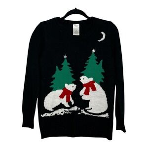 Holiday Time Polar Bear Christmas Sweater Black Metallic Shimmer Womens Medium M